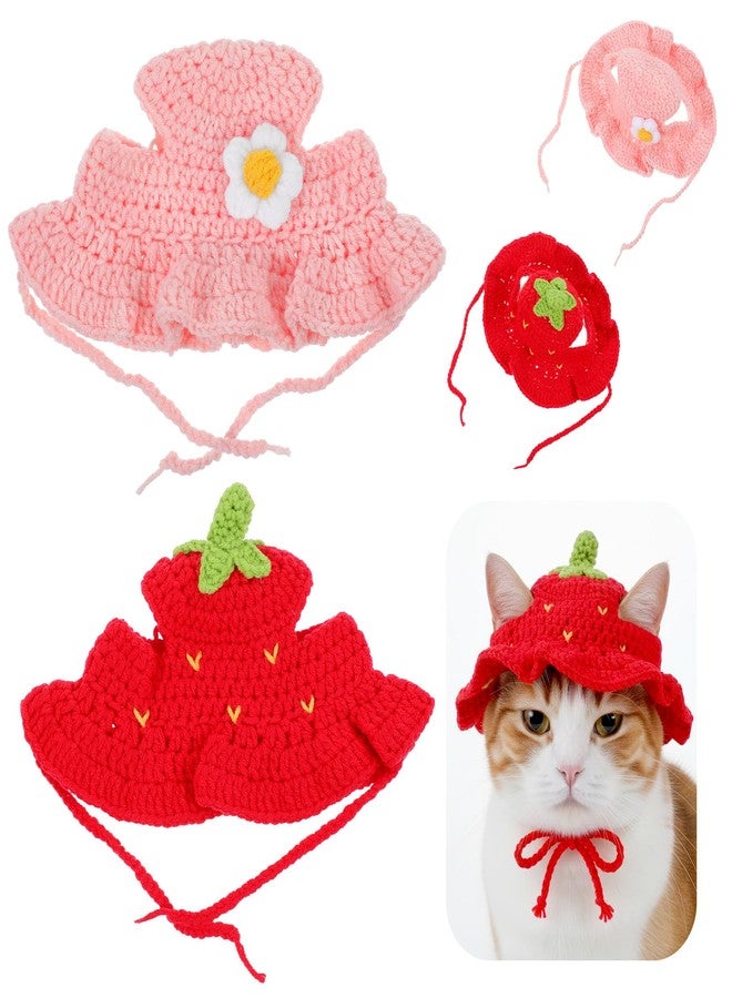 Matwsec 2PCS Strawberry Cat Hats Cute Flower Crochet Hats for Cats Small Pets Birthday Party Christmas Halloween Easter Travel Accessories Puppy Hat - Image 1